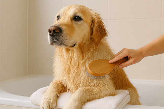 Golden retriever being groomed and brushed after bath on towel in bathroom, calm wet dog enjoying gentle pet care routine