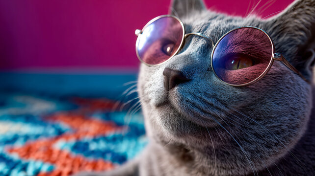 A gray cat exudes coolness with round sunglasses, lounging against a vibrant backdrop with a unique pattern and shades of pink. - Powered by Adobe