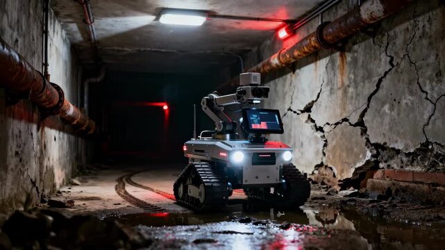 Emergency response robotic unit rapidly deployed inside a damaged sewer line conducting immediate inspection and assessment for urgent repairs.