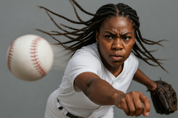 Focused young female athlete pitching baseball with intense concentration and dynamic motion against plain gray background