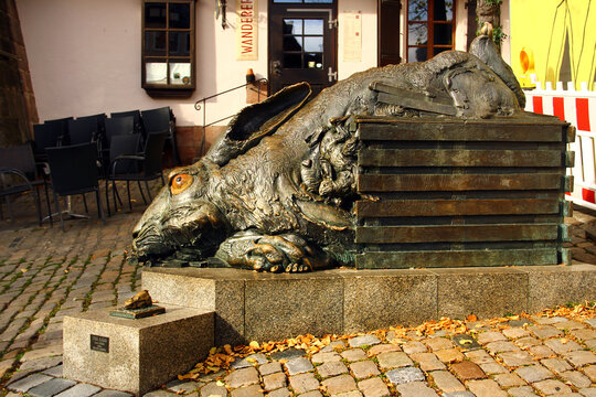 Nuremberg, Germany - October 21, 2025: Der Hase, bronze sculpture by Juergen Goertz, inspired by Albrecht Duerer&rsquo;s hare