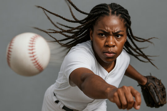 Focused young female athlete pitching baseball with intense concentration and dynamic motion against plain gray background - Powered by Adobe