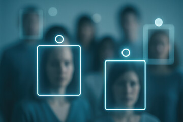 Facial recognition technology scanning diverse group of people with digital interface, biometric identification, and data security concept