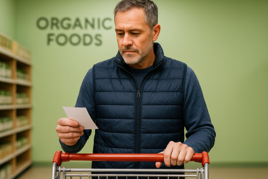Thoughtful mature man with shopping cart checking grocery list in organic foods aisle, making healthy choices during shopping