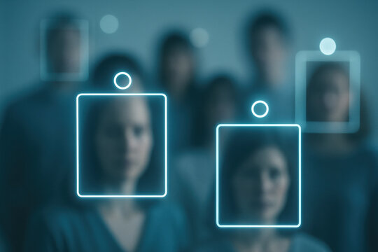 Facial recognition technology scanning diverse group of people with digital interface, biometric identification, and data security concept