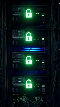 Digital padlock icon flashes green on server racks, data security with glowing lock symbol, network protection concept Vertical video