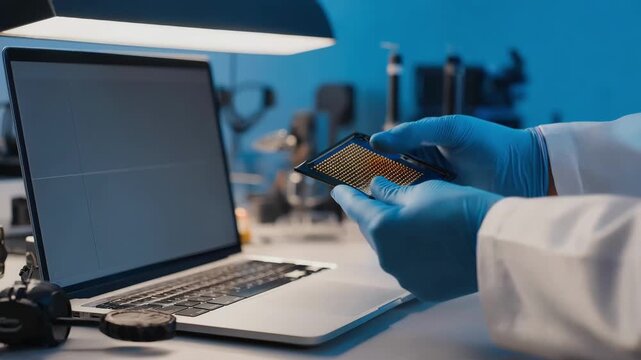 Repair expert adjusts backlight settings on a laptop screen to resolve brightness problems working attentively with specialized equipment