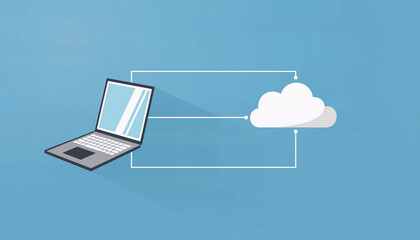 Minimal connection design for Diverse Remote Team Working Illustration showing laptop and cloud sync