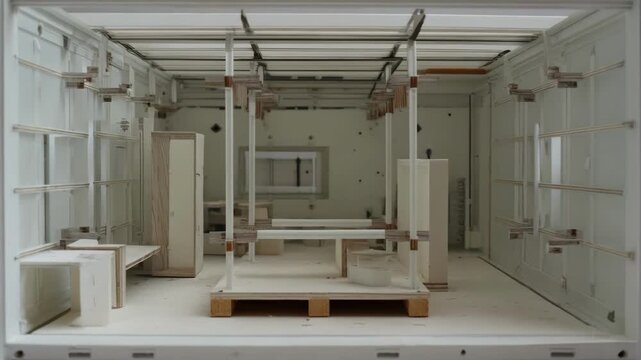 Medium shot depicting the assembly process of a modular 3Dprinted animal shelter designed for quick setup in disaster relief areas to provide instant animal protection.