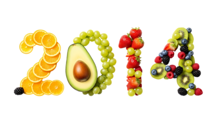 2014 formed from fresh fruits and avocado on black background year healthy eating isolated on a transparent background