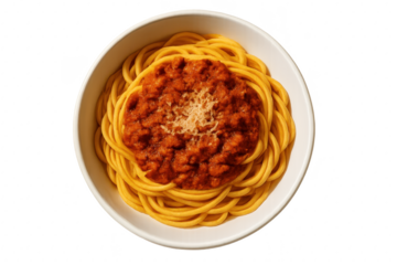 Top view spaghetti bolognese in white bowl isolated clean cutout for easy use