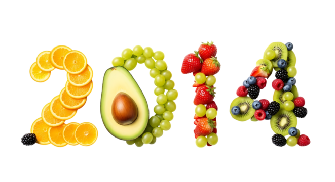 2014 formed from fresh fruits and avocado on black background year healthy eating isolated on a transparent background