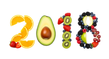 2018 Year Composed of Fresh Fruits and Avocado Slice on Black Background food art isolated on a transparent background