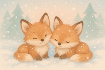 Obraz premium Two playful baby foxes in fresh snow whimsical soft winter woodland illustration
