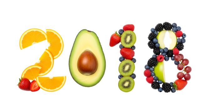 2018 Year Composed of Fresh Fruits and Avocado Slice on Black Background food art isolated on a transparent background - Powered by Adobe