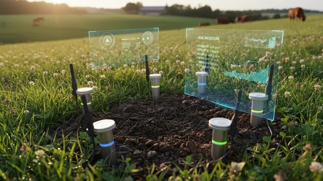 Medium shot of smart sensors embedded in pasture soil monitoring moisture and nutrient levels for optimized crop growth with realtime data analytics.
