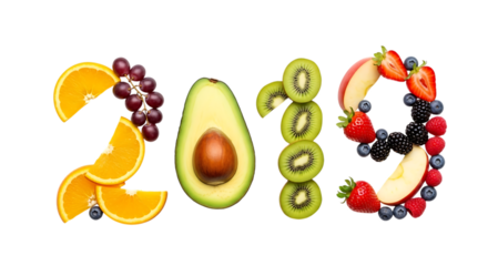 2019 Year Composed of Fresh Fruits and Avocado Slice on Black Background new year isolated on a transparent background
