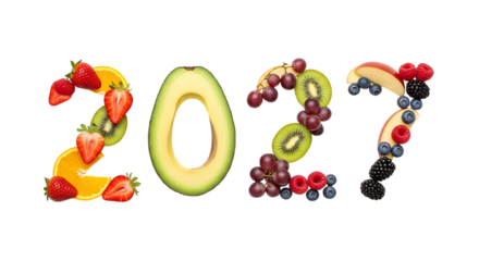 2021 formed from fresh fruits and berries on a black background year new year isolated on a transparent background