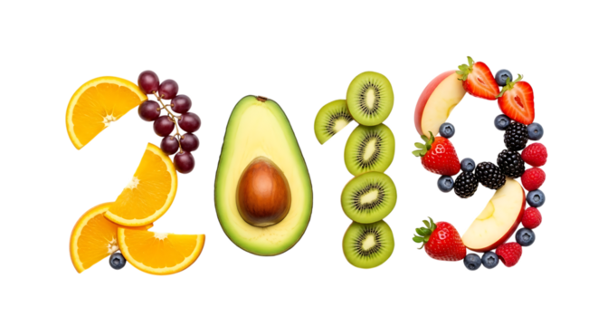 2019 Year Composed of Fresh Fruits and Avocado Slice on Black Background new year isolated on a transparent background