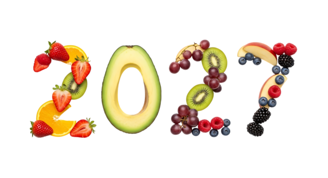 2021 formed from fresh fruits and berries on a black background year new year isolated on a transparent background