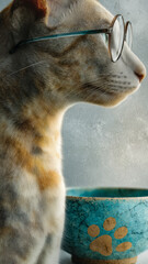 Portrait of a tabby cat with glasses, showcasing its elegant fur patterns and feline features against a textured background.