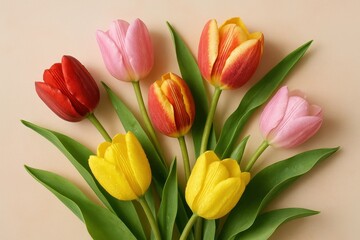 Naklejka premium Vibrant tulip bouquet with dewy petals on soft pastel background spring floral elegance