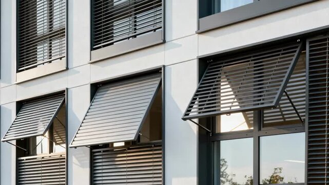 Medium shot featuring adjustable louver shades on a modern building demonstrating customizable ventilation and sun control for sustainable exterior systems.