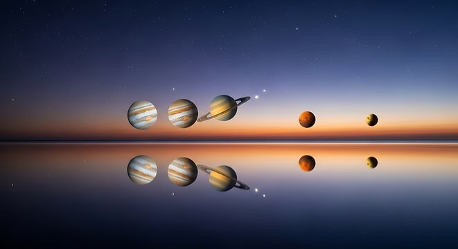 Planetary Alignment A Cosmic Reflection on a Tranquil Horizon, a Visual Spectacle