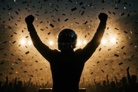 Victorious racing driver silhouette raising arms under stadium lights with confetti bursts