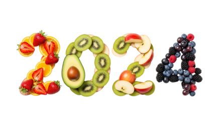 Creative Arrangement of Fresh Fruits Forming the Year 2024 on Black number isolated on a transparent background