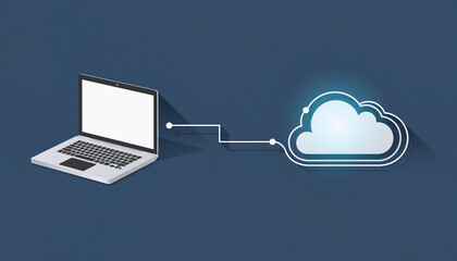 Diverse Remote Team Working Illustration of laptop syncing with cloud in balanced composition
