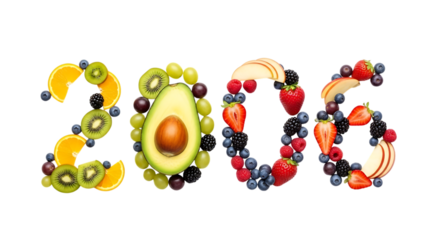 Fresh Fruit Arranged to Form the Number 2006 on a Black Background year isolated on a transparent background