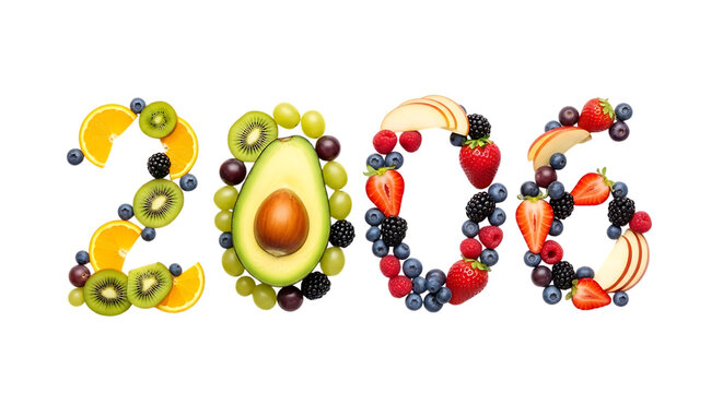 Fresh Fruit Arranged to Form the Number 2006 on a Black Background year isolated on a transparent background