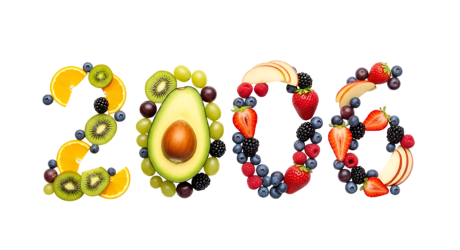 Fresh Fruit Arranged to Form the Number 2006 on a Black Background year isolated on a transparent background