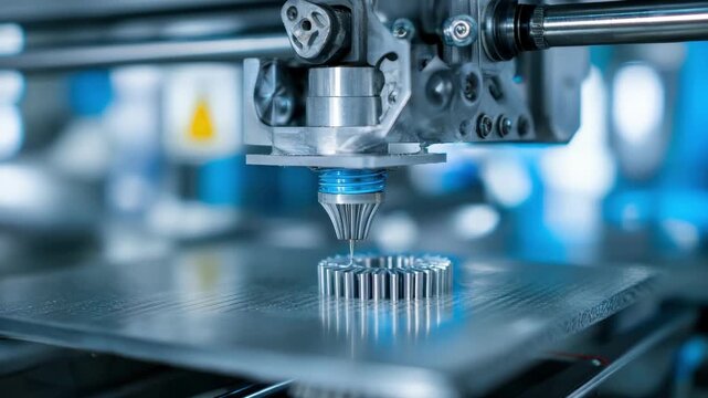 Closeup medium view of a metal 3D printer in action on a university campus emphasizing advanced rapid prototyping with intricate metal parts.