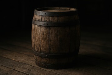 Fototapeta premium Vintage wooden barrel with iron hoops in rustic warehouse light detailed aged texture