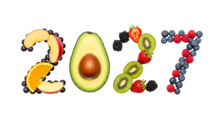 Fresh Fruit Numbers 2027 Artfully Arranged on a Black Background Keywords: 2027, year, number, fruit, fruits, fresh, healthy, food, organic, natural isolated on a transparent background