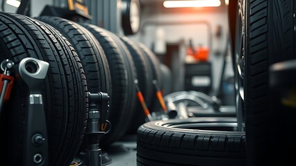Fototapeta premium Automotive tire service concept with tools, workshop ambient light.