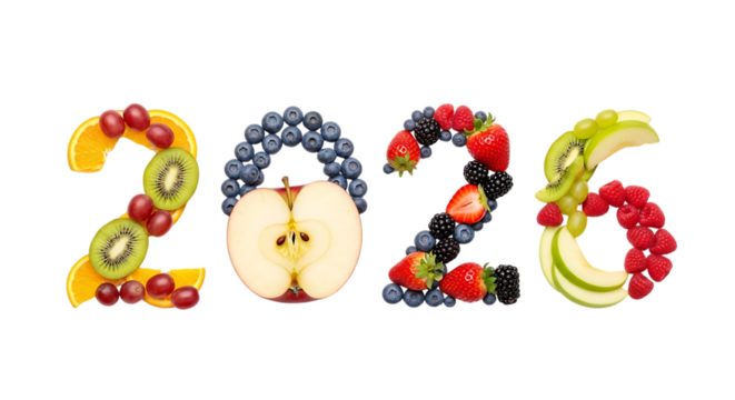 Fresh Fruit Numbers 2026 Arranged Creatively on Black Background Keywords: 2026, new year, number, fruit, fruits, fresh, healthy, food, organic isolated on a transparent background
