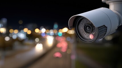 Night Security Camera Over Busy City Street