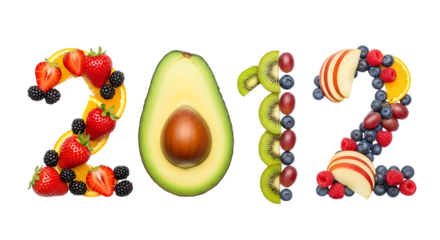 The Year 2012 Formed by Fresh Fruits and Avocado on a Black Background food isolated on a transparent background