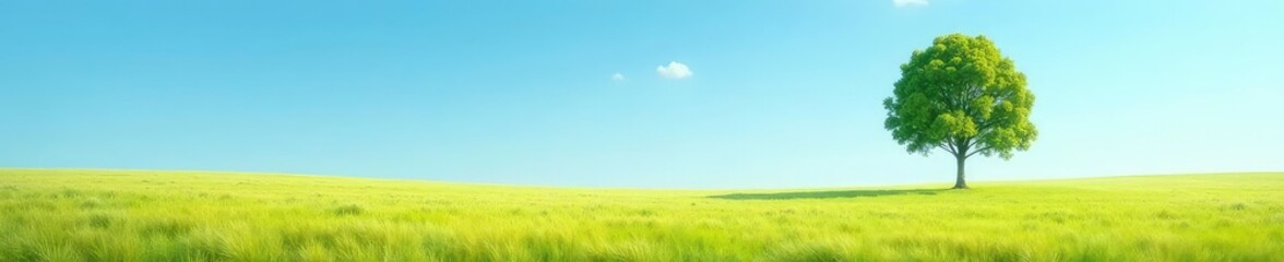 Obraz premium A single tree in a vast empty field with blue sky above, serenity, forest