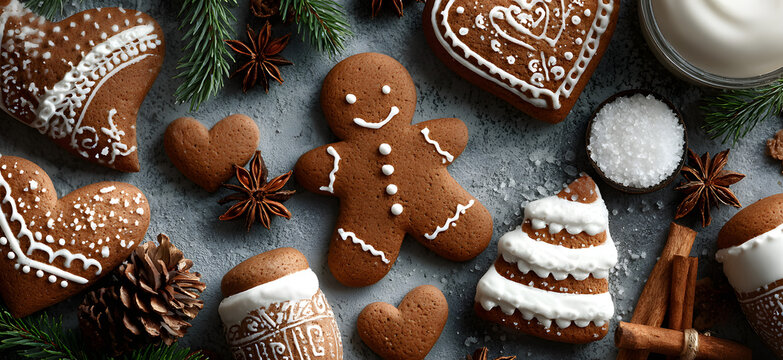 horizontal image, top view of cute gingerbread cookies and Christmas decorations. For banner, design, card, flyer, invitation, blog, menu, restaurant, social media, interior, recipe book