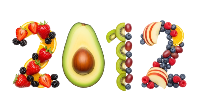 The Year 2012 Formed by Fresh Fruits and Avocado on a Black Background food isolated on a transparent background