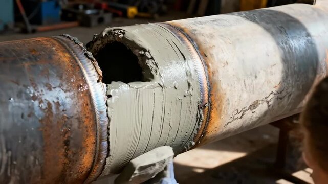 Industrial pipe undergoing internal lining repair with quicksetting cementitious mortar to prevent leaks