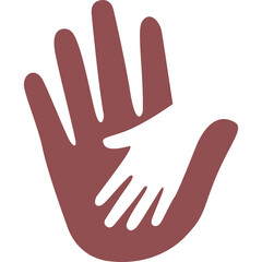 Symbol of a small white hand resting on a larger brown hand representing care unity and support against a transparent background