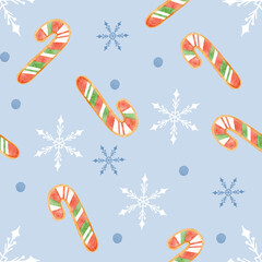 Christmas seamless pattern with winter decoration of snowflakes, and candy. Suitable for print, textile, background.