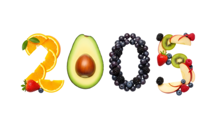 Year 2005 Composed of Fresh Fruits and Vegetables on Black Background new year isolated on a transparent background