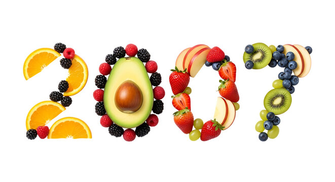Year 2007 Composed of Fresh Fruits and Vegetables on Black Background new year isolated on a transparent background