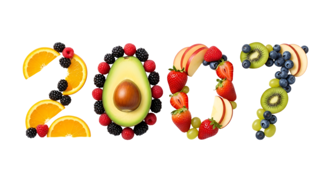Year 2007 Composed of Fresh Fruits and Vegetables on Black Background new year isolated on a transparent background - Powered by Adobe
